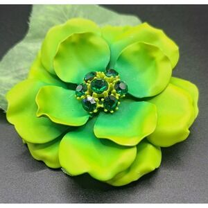 Vintage Green Rhinestone Embellished Enamel Flower Brooch Pin 3"
